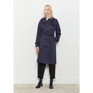 A.P.C. Greta Navy Blue Double Breasted Belted Mid Length Trench Coat Size Medium